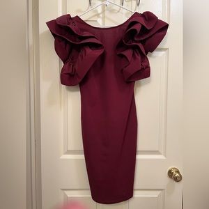 Backless burgundy dress with ruffle sleeves